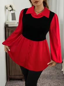 SHEIN LUNE Women Plus Size Color Block Long Sleeve Casual Top, Autumn Holiday - Red - View 1