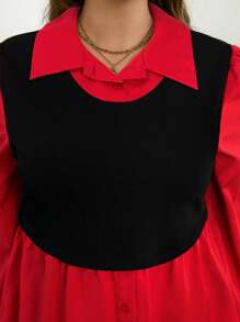 SHEIN LUNE Women Plus Size Color Block Long Sleeve Casual Top, Autumn Holiday - Red - View 5