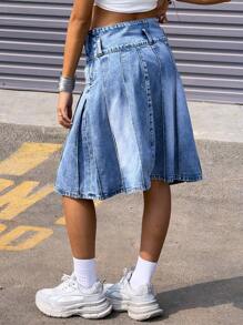 SHEIN Teen Girl Blue Denim Pleated Skirt,Kid Girls Spring And Summer Casual Vacation Hobo Wear - Light Wash - View 7