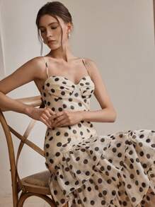Anewsta 法式度假复古波尔卡圆点拼接吊带背心连衣裙配裤子，适合女士、太阳裙、夏季、海滩 - 彩色 - 查看 3