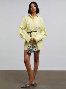 Athîral 女士纯黄色衬衫裙、精致袖口迷你裙、度假女士春装、女士夏装 - 黃色 - 查看 3