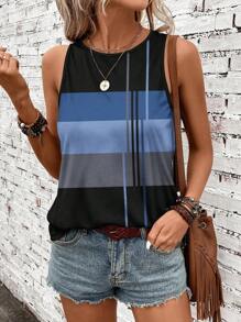 SHEIN LUNE 休闲条纹圆领修身女式背心，适合夏季 - 黑色 - 查看 6