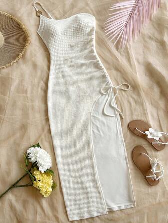 Soleia Vestido largo ajustado de punto con textura de gofre para vacaciones de mujer, con diseño de cordón. Adecuado para fiesta, cita, sexy, tarde de té, playa, festival de música de verano, temporada de bodas