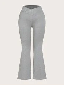 SHEIN EZwear 两件套加大码黑色和灰色腰部交叉设计修身休闲喇叭裤套装 - 彩色 - 查看 8