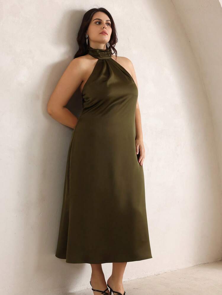 Deep Green Plus Size Sleeveless Dress, Urban Elegant Lightweight Evening Gown, Sexy Cinched Waist Modest Backless Summer Outfits For Women