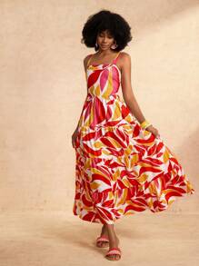 Slaydiva Nuevo vestido largo de verano y primavera informal de vacaciones con estampado de planta y multicapa - Blanco - Ver 5