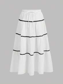 SHEIN EZwear Plus Size White Color Block Floral Trim Long Skirt, Spring/Summer Resort Wear - White - View 1