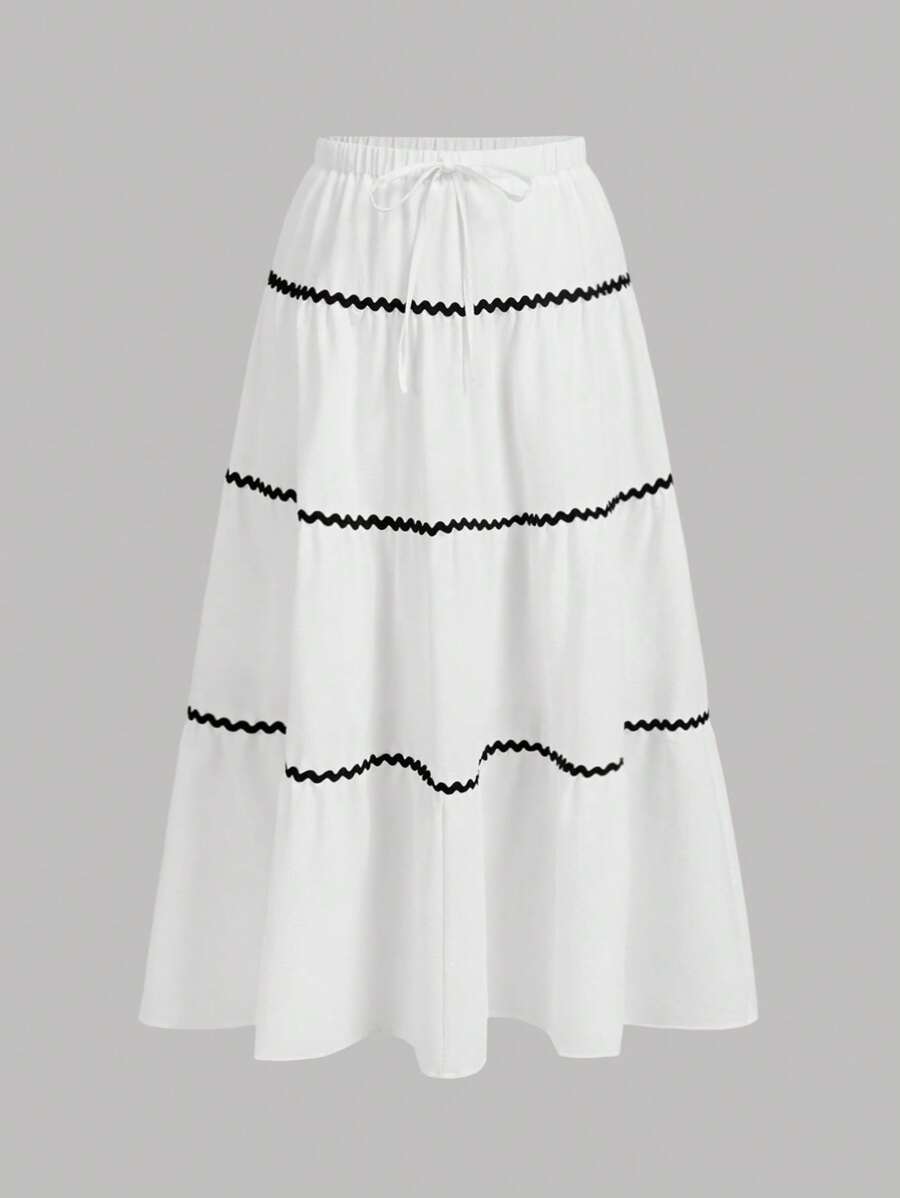 SHEIN EZwear Plus Size White Color Block Floral Trim Long Skirt, Spring/Summer Resort Wear - White - View 1
