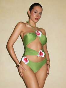 Swim Chiccia Spring Break Women's Beach Wear Summer Outfit, New European Style Solid Color Floral 3D Hollow Neck Beach Vacation One Piece Swimsuit, Festival Boho - Green - View 5