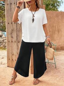 EMERY ROSE Plus Size Women's Black And White Contrast Casual Two-Piece Suit - Black and White - View 3