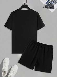 Manfinity Homme Plus Size Men 2pcs/Set Graphic Print Round Neck Short Sleeve T-Shirt And Shorts - Black - View 2
