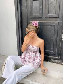 Chiquease Women's Vacation Floral Print Cropped Layered Bustier Top - Pink - View 6