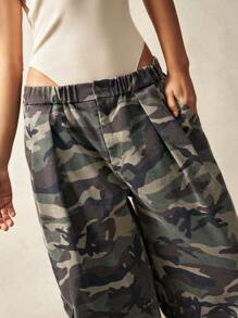 Bohemela Pantalones de mujer de pierna ancha con estampado de camuflaje, de cintura baja y bolsillos tipo cargo