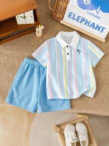 SHEIN Leap Crew 2pcs/Set Young Boys Casual Vacation Coconut Tree Striped Print Polo Shirt & Solid Blue Knit Shorts Set, Suitable For Kids Outfits, Young Boy Clothes, Back To School, Birthday Parties, Daily Wear, School, Travel, Sports, Spring/Summer Seasons - Multicolor - View 4