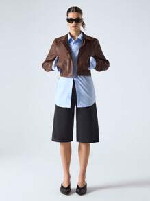 LYSMO Casual Vintage Textured Leather Cropped Jacket - Brown - View 3