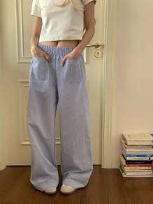 CovetEZ Women's Casual Striped Wide Leg Pants - Blue - View 5