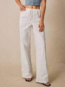 Poéselle 女士纯色优雅刺绣前系带直筒裤，休闲日常穿着，简约时尚休闲日常穿着，女士夏季服装，女士度假服装，女士沙滩服装，波西米亚风 - 白色 - 查看 7