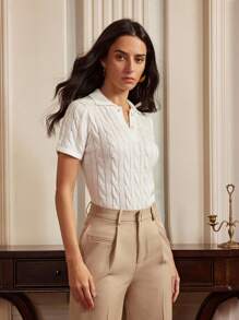 Anewsta Elaire Anewsta 春夏 Old Money 优雅简约 Polo 领短袖针织毛衣，羊毛混纺 - 白色 - 查看 6