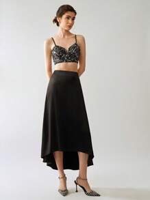 SHEIN LUNE 时尚女式高低侧拉链修身优雅半身裙 - 黑色 - 查看 6