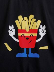 SHEIN Tween Boy Funny Cartoon French Fries Pattern Round Neck Short Sleeve Long Pants Loose And Comfortable Home Clothes Pajama Set Two-Piece Set - Black - View 4