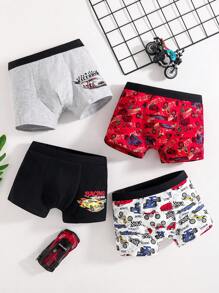 4 件装青少年男童彩色赛车印花棉混纺平角内裤 - 彩色 - 查看 1