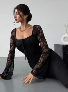 Firerie 女士心形领喇叭袖胸罩杯合身长款蕾丝浪漫约会白色美人鱼连衣裙，春夏装，情人节 - 黑色 - 查看 6