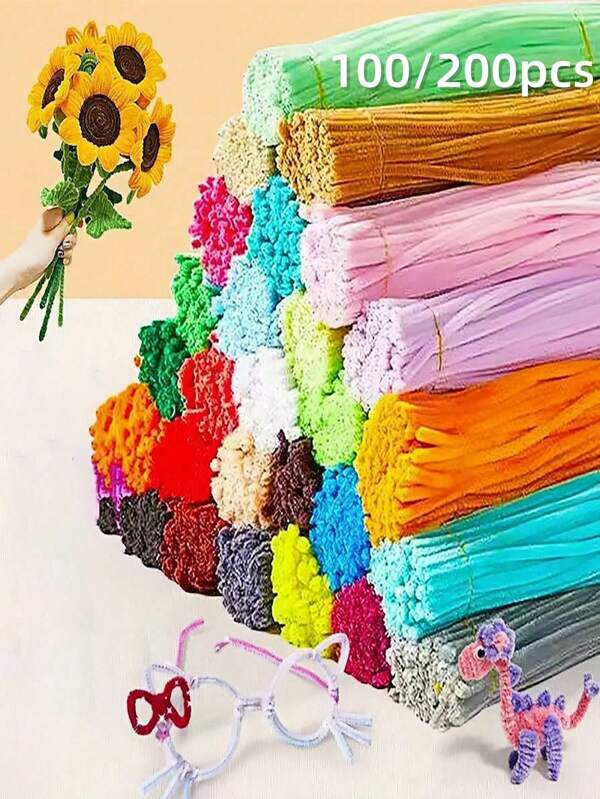 100/200 Stück Chenille-Stiele in verschiedenen Farben, Makronen-farbene Pfeifenreiniger Bastelutensilien, geprägte Chenille-Stiele, weiche verdrehte Stäbe, Pfeifenreiniger-Stiele für Kunst- und Bastel-Projekte, kreative DIY-Dekoration, flauschiger Draht, Heim-Handwerk-Dekoration, flexible DIY-Kunst und kreative Handwerks-Projekt-Dekoration, geeignet als Abschlussgeschenke, Geschenke zum Schulbeginn, Valentinstag-Deko, Geschenkdekoration, Hochzeitsdekoration, handgemachtes Zubehör