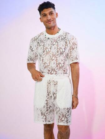 FeverCity Men's Solid Color See-Through Lace Loose T-Shirt And Shorts Set
