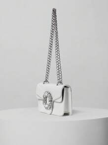 Mini Rhinestone Decoration Shoulder Bag, Fashionable PU Flap With Metal Chain Strap Clutch For Women Winter Gifts - White - View 2