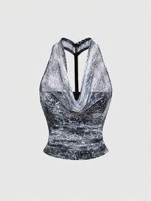 ROMWE Grunge Punk Y2K Aesthetice 豹纹花卉蕾丝图案女式金属扣露背细肩带上衣 - 彩色 - 查看 5
