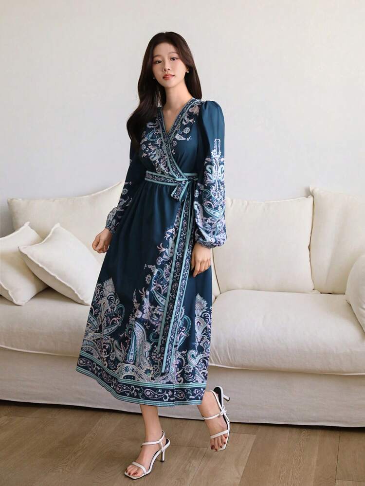 Vintage Elegant Paisley Print Tie Waist Wrap Long Dress For Women Boho,Fall Dress Long Sleeve Dress Vacation Outfits Women Maxi Dress Floral Dresses For Women
