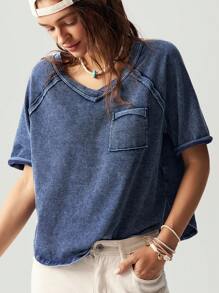Bohemela Casual Solid Color V-Neck Short Sleeve Loose Washed Plus Size T-Shirt,Vintage - Blue - View 4
