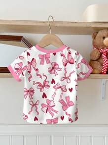 SHEIN Tween Girl Casual Heart & Bow Print Short Sleeve Round Neck T-Shirt, Simple Design Suitable For Summer