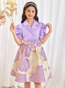 SHEIN Tween Girls 2 件套优雅提花衬衫和裙子套装