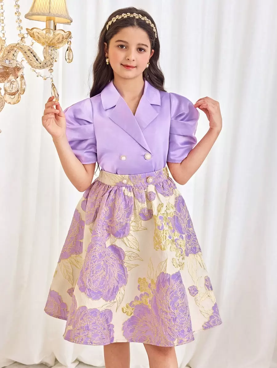 SHEIN Tween Girls 2 件套优雅提花衬衫和裙子套装