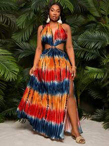SHEIN SXY Plus Size Women's Spring & Summer Tie-Dye Ruched Backless High Slit Dress,Navy Blue,Summer,Boho,Bridesmaids,Vacation,Holiday, Beach Party Outfit - Multicolor - View 5