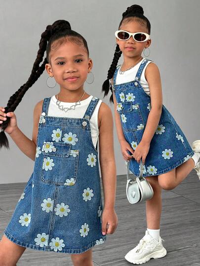 SHEIN 夏季年轻女孩花卉印花牛仔连衣裙，可爱休闲，适合日常穿着