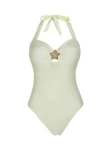 女士纯色金属花朵装饰系带连体优雅泳衣，夏季沙滩装