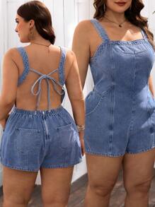 SHEIN Clasi Plus Size Women Backless Strappy Denim Romper For Vacation - Medium Wash - View 1
