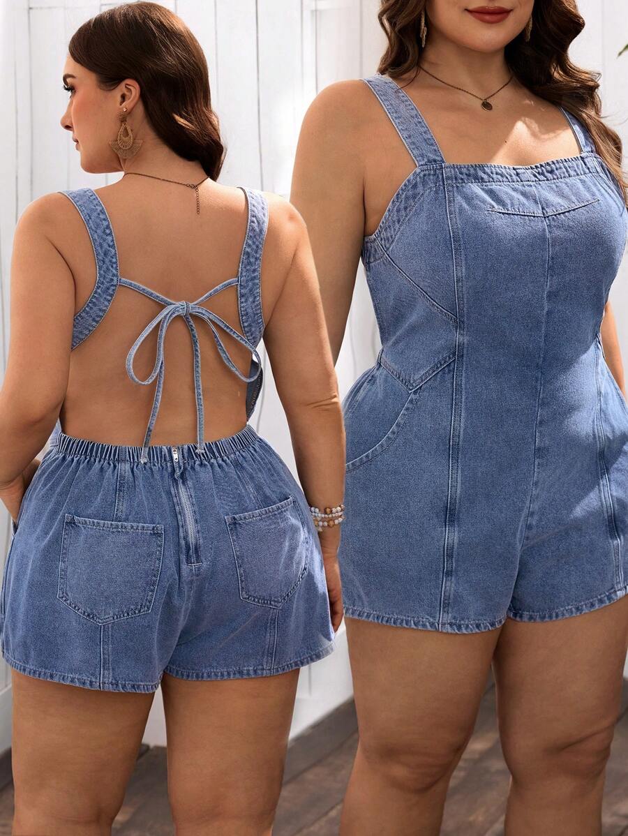 SHEIN Clasi Plus Size Women Backless Strappy Denim Romper For Vacation - Medium Wash - View 1