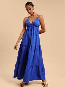 Travachic Plain Woven Tie-Neck Maxi Swing Dress For Women