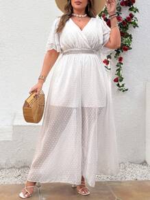 Flirla French Elegant Chiffon & Contrast Lace Plunging V-Neck Ruffle Hem Short Sleeve Jumpsuit, Slimming - White - View 5