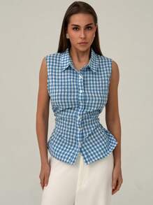 Aloruh Camisa de mujer casual/de trabajo sin mangas a cuadros