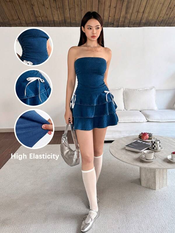 SHEIN EZwear Mini rochie de damă K-Vae, bodycon, sexy, din denim, fără bretele, ținute de vară pentru femei, ținute de vacanță femei, rochii de vară pentru femei, rochie de Paște femei, rochii pentru femei elegante, rochie de ziua St Patrick, ținute de zi de naștere pentru femei, rochie de vacanță, ținute concert femei, festival ținute rave, ținute rave, rochie amuzantă, rochie, ținute pentru brunch pentru femei