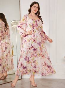 Modelyn Plus Size Women Stylish Elegant Placement Print A-Line Cinched Waist Midi Dress For Spring - Multicolor - View 5