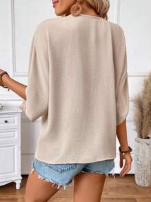 SHEIN LUNE Women's V-Neck Solid Color Crochet Patchwork Design Shoulder Sleeve Shirt, Spring/Summer, Vacation - Apricot - View 2