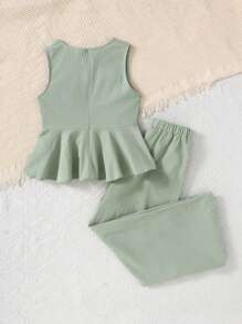 SHEIN 2 件 Tween 女童休闲纯色无袖衬衫和阔腿裤套装 - 綠色 - 查看 6