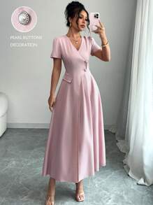 Elenzga Spring & Summer V-Neck Short Sleeve High Waist A-Line Pearl Button Pocket Pleated Midi Bohemian Dress For Women - Pink - View 1