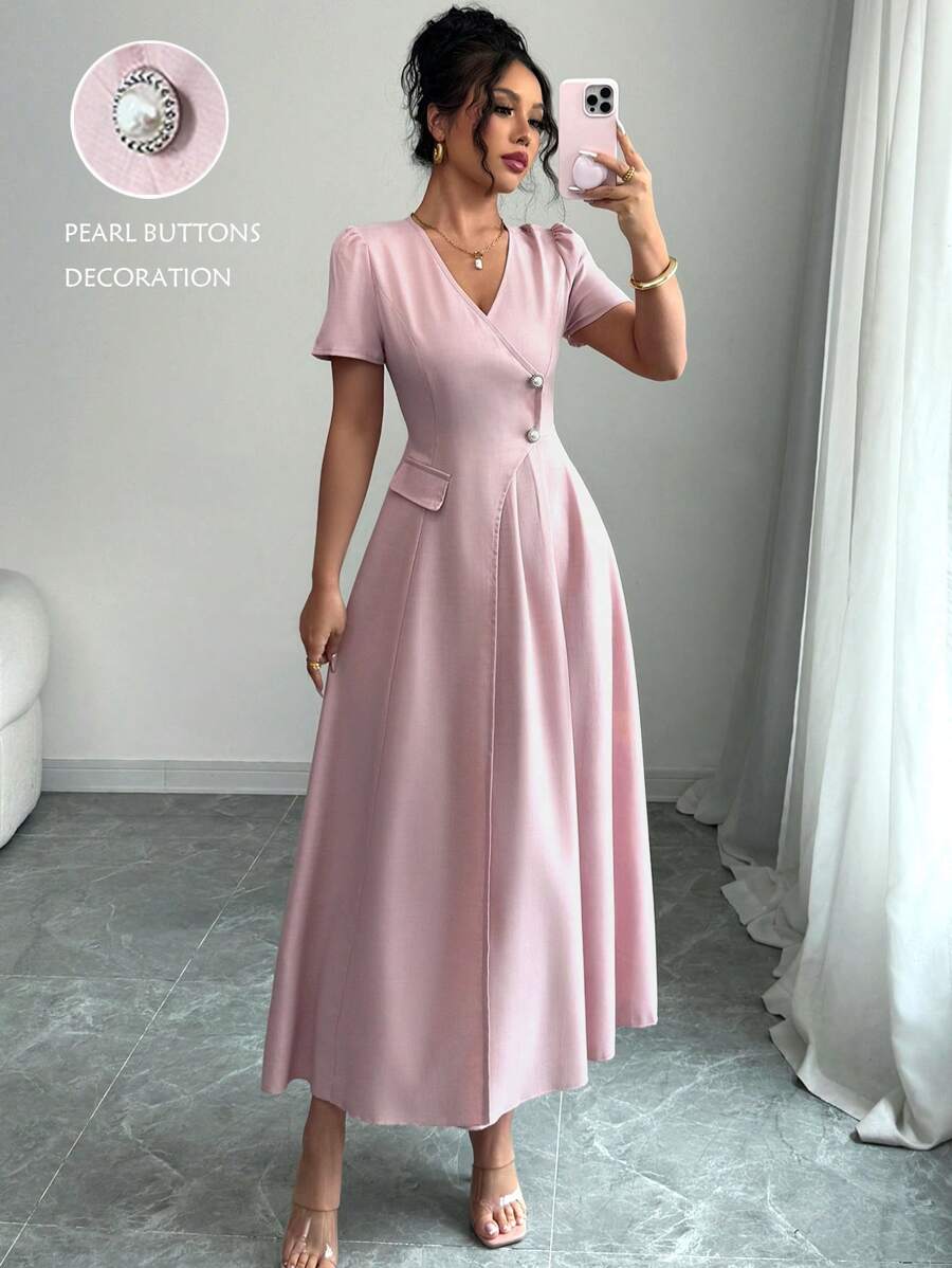 Elenzga Spring & Summer V-Neck Short Sleeve High Waist A-Line Pearl Button Pocket Pleated Midi Bohemian Dress For Women - Pink - View 1