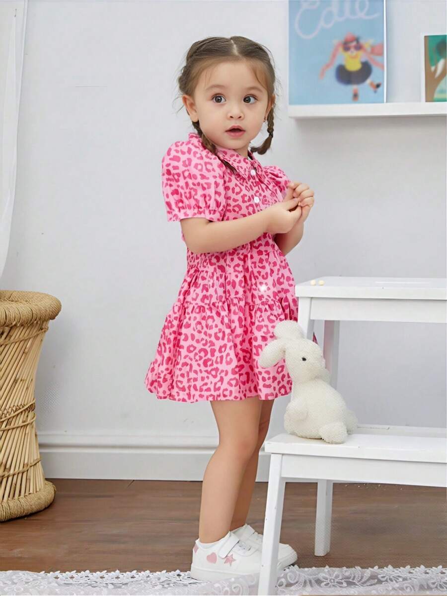 SHEIN Playful Pals Baby Girl Infant Toddler 0-3 Years Elegant Fashion Pink Leopard Print Puff Sleeve Short Sleeve Shirt Dress Cake Dress - Pink - View 1